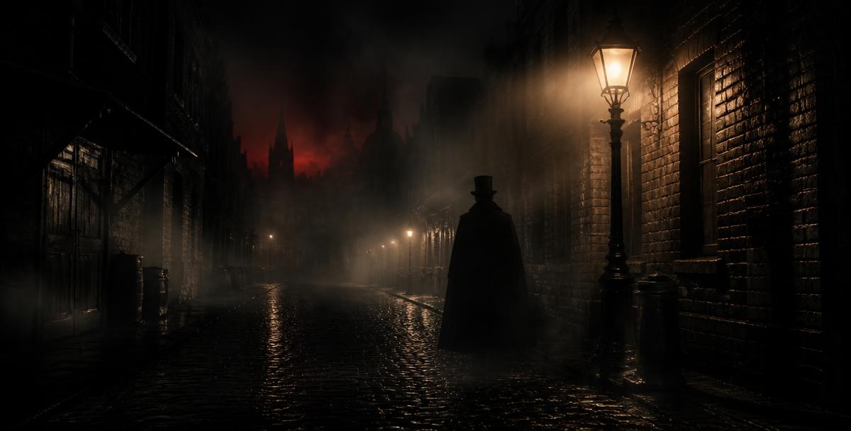 Silhouette of Jack the Ripper in a foggy Victorian London alley lit by a gas lamp